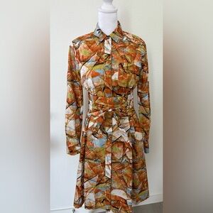 Badgley Mischka Abstract Print Midi Dress in Rust, Olive & Sky Blue